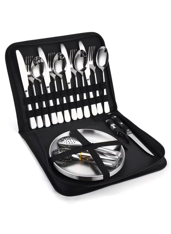 Silverware Flatware Cutlery Set, 20-piece Outdoor Camping Stainless Steel Cutlery, Forks, Spoons, Plates, Food Clips, Portable Cutlery Bag Set (Color : Silver) - Image 6
