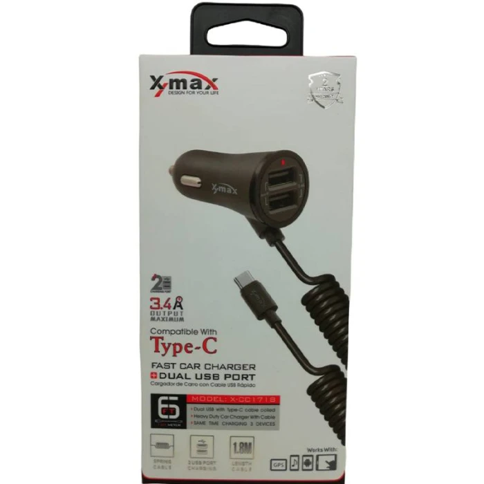 X-Max Fast Car Charger with Dual USB Port & Type-C Cable – 3.4A Output (Model X-CC1718) - Image 2