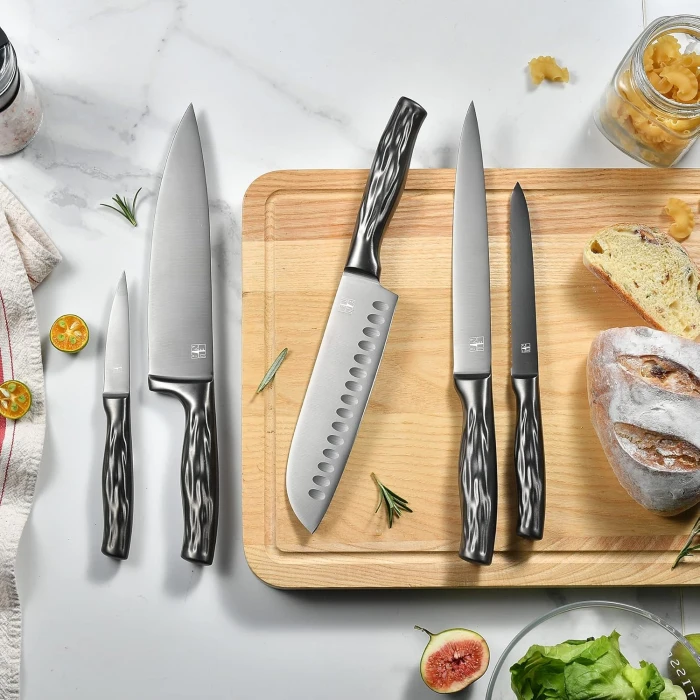 EUNA Chef Knife Set, 5 Pieces Ultra Sharp Kitchen Knife Set High Carbon Stainless Steel Cooking Knives Set with PP Ergonomic Handle, Sheaths and Gift Box (Grey) - Image 3