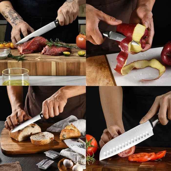 EUNA Chef Knife Set, 5 Pieces Ultra Sharp Kitchen Knife Set High Carbon Stainless Steel Cooking Knives Set with PP Ergonomic Handle, Sheaths and Gift Box (Grey) - Image 6