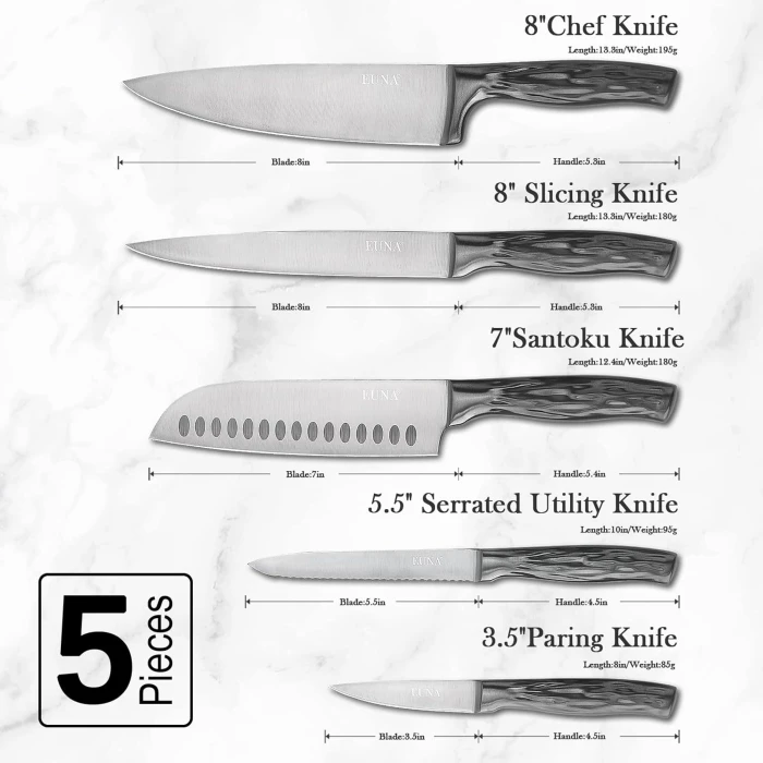 EUNA Chef Knife Set, 5 Pieces Ultra Sharp Kitchen Knife Set High Carbon Stainless Steel Cooking Knives Set with PP Ergonomic Handle, Sheaths and Gift Box (Grey) - Image 2
