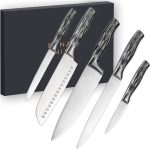 EUNA Chef Knife Set, 5 Pieces Ultra Sharp Kitchen Knife Set High Carbon Stainless Steel Cooking Knives Set with PP Ergonomic Handle, Sheaths and Gift Box (Grey)