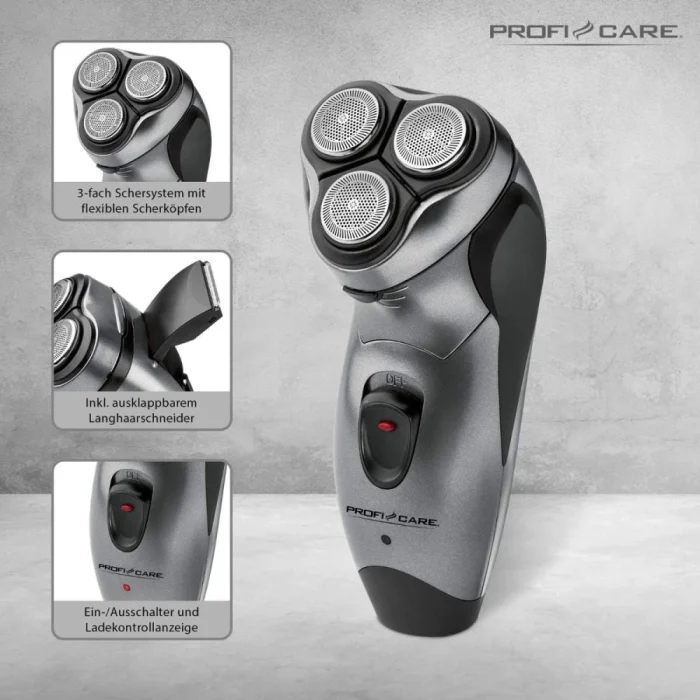 ProfiCare PC-HR 3053 Men's Razor Triple Shaving System with Flexible Shaving Heads, Soft Touch Housing, Grey - Image 3