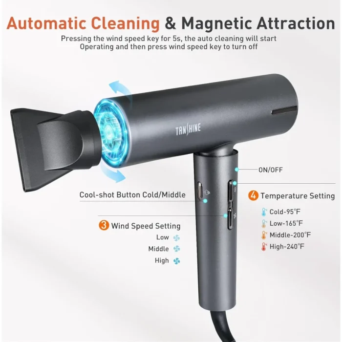 TANSHINE Professional Blow Dryer with LED Lights,Ionic Hair Dryer,110000RPM High-Speed Fast Drying Hair Dryer,1600W Quiet Ion Hairdryer with Magnetic Nozzle,Compact Hair Blower for Salon Travel,Grey - Image 5