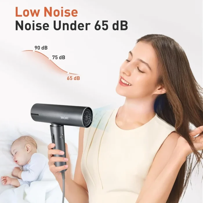 TANSHINE Professional Blow Dryer with LED Lights,Ionic Hair Dryer,110000RPM High-Speed Fast Drying Hair Dryer,1600W Quiet Ion Hairdryer with Magnetic Nozzle,Compact Hair Blower for Salon Travel,Grey - Image 6