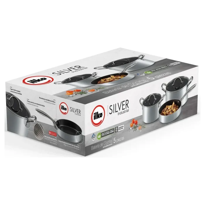 Ilko 5 Piece Silver Industrial Non-Stick Stainless Steel Cookware Set, Gray - Image 5