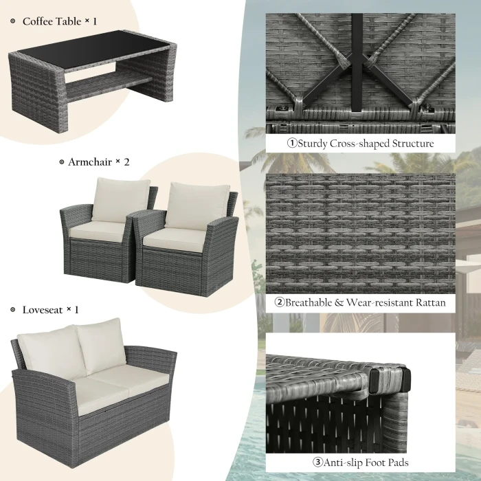 BROYHILL 4-Piece Rattan Sofa Set with Cushions & Tempered Glass Table - Image 5