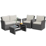 BROYHILL 4-Piece Rattan Sofa Set with Cushions & Tempered Glass Table