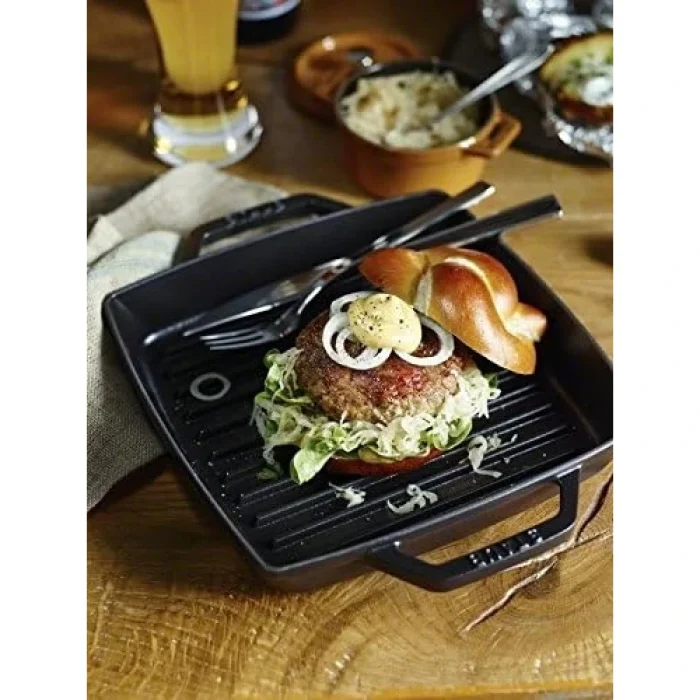 STAUB Cast Iron Grill Pan with Two Handles, Square, 23 cm, For All Hobs Including Induction & Oven, Graphite Grey - Image 3