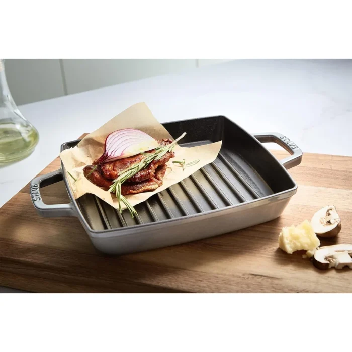 STAUB Cast Iron Grill Pan with Two Handles, Square, 23 cm, For All Hobs Including Induction & Oven, Graphite Grey - Image 7