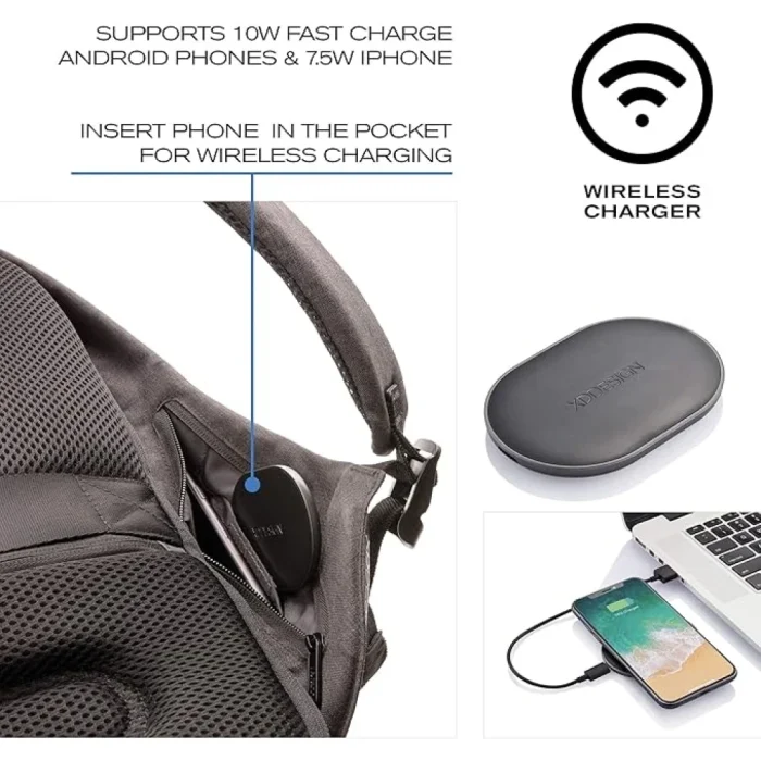 XD Design Bobby Tech Anti-Theft Backpack Wireless Solar Panel Charger USB/Type C - Image 4