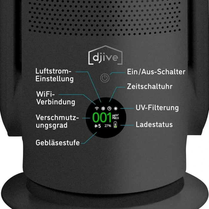 djive ARC Portable 2 in 1 Purifier & Fan with Battery, Quiet, HEPA 14 & UVC Remove Dust, Hair, Virus & Pollen. App, Remote Control, Alexa, for Allergics, Grey - Image 5