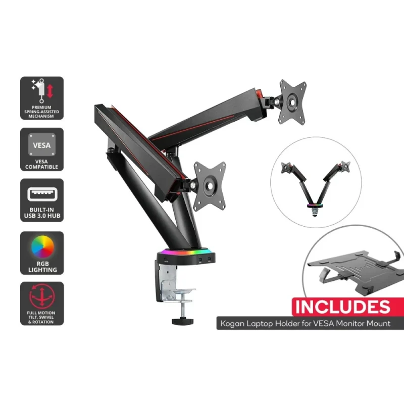 Kogan Full Motion Spring-Assisted RGB Gaming Monitor Mount with USB Hub (Dual) Laptop Holder Combo 17" - 32"