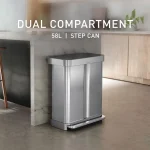 simplehuman 58 Liter / 15.3 Gallon Rectangular Dual Compartment Recycling Step, Brushed Stainless Steel with Soft-Close Plastic Lid Kitchen Trash Can - Image 2