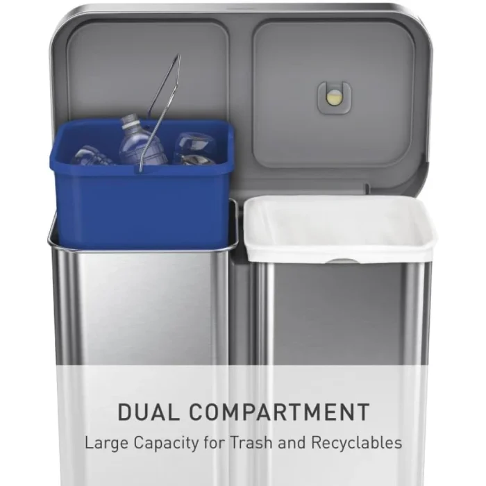 simplehuman 58 Liter / 15.3 Gallon Rectangular Dual Compartment Recycling Step, Brushed Stainless Steel with Soft-Close Plastic Lid Kitchen Trash Can - Image 6