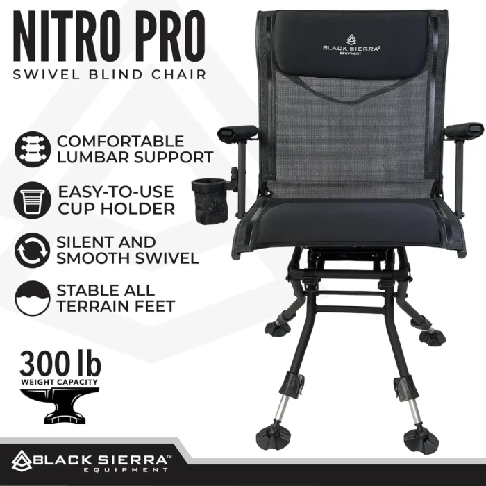 Black Sierra Nitro Pro XL 360 Degree Silent Swivel Hunt Chair, for Hunting and Fishing, Padded Folding Chair Supports 300 Lbs, with Armrests, Adjustable Legs, Cupholder and Carry Strap - Image 4