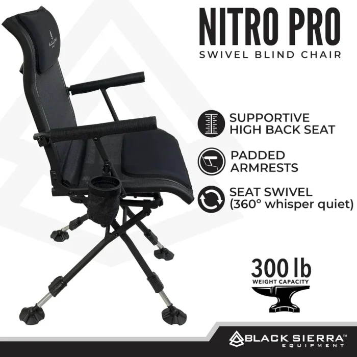 Black Sierra Nitro Pro XL 360 Degree Silent Swivel Hunt Chair, for Hunting and Fishing, Padded Folding Chair Supports 300 Lbs, with Armrests, Adjustable Legs, Cupholder and Carry Strap - Image 5