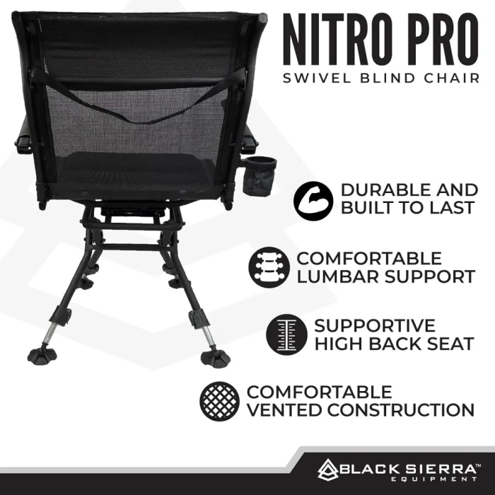 Black Sierra Nitro Pro XL 360 Degree Silent Swivel Hunt Chair, for Hunting and Fishing, Padded Folding Chair Supports 300 Lbs, with Armrests, Adjustable Legs, Cupholder and Carry Strap - Image 7