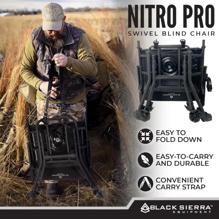 Black Sierra Nitro Pro XL 360 Degree Silent Swivel Hunt Chair, for Hunting and Fishing, Padded Folding Chair Supports 300 Lbs, with Armrests, Adjustable Legs, Cupholder and Carry Strap - Image 8