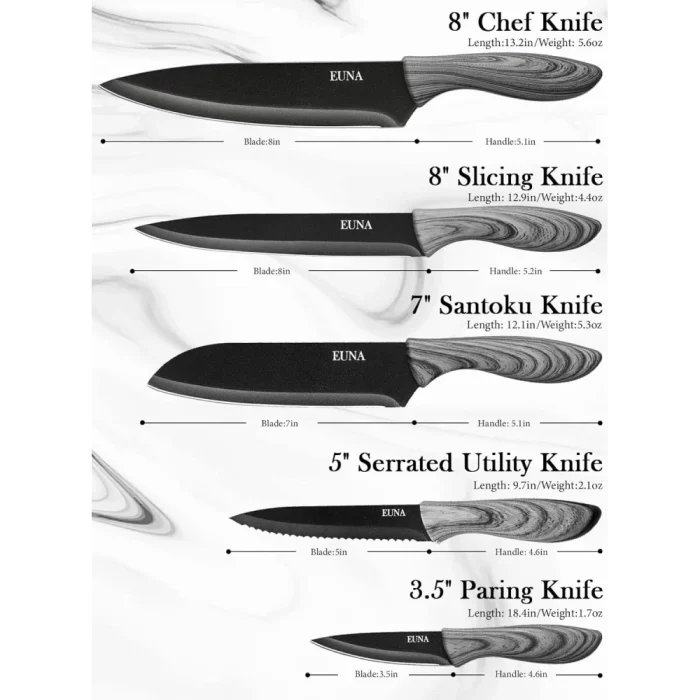 EUNA 5 PCS Kitchen Knife Set, Ultra-Sharp Chef Knives High Carbon Stainless Steel Professional Cooking Knife Set with Ergonomic Handle, Sheaths and Gift Box - Image 2