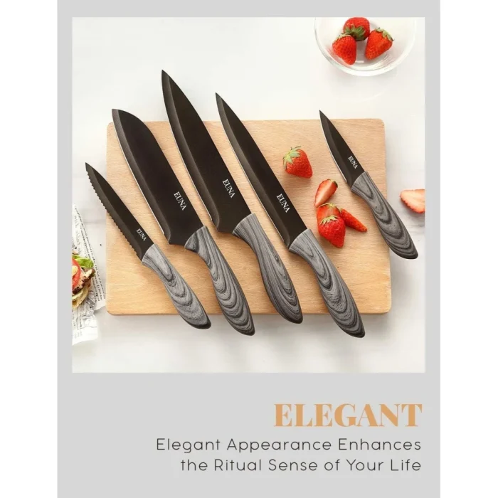 EUNA 5 PCS Kitchen Knife Set, Ultra-Sharp Chef Knives High Carbon Stainless Steel Professional Cooking Knife Set with Ergonomic Handle, Sheaths and Gift Box - Image 3