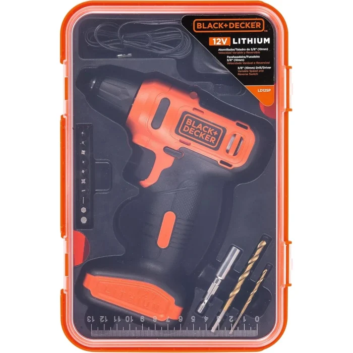 Black & Decker 12V 1.5Ah 900 RPM Cordless Drill Driver with 13 Pieces Bits in Kitbox For Drilling and Fastening, Orange/Black, LD12SP-B5 - Image 8