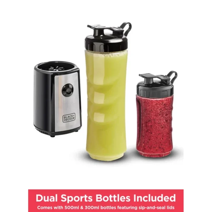 BLACK+DECKER Sports Blender/Smoothie Maker, 6-Piece Set with 500ml & 300ml BPA-Free Sports Bottles, 21,500 RPM Turbo Speed, Stainless Steel Blades for Ice & Frozen Fruits, 500 ml 300 W - Image 3