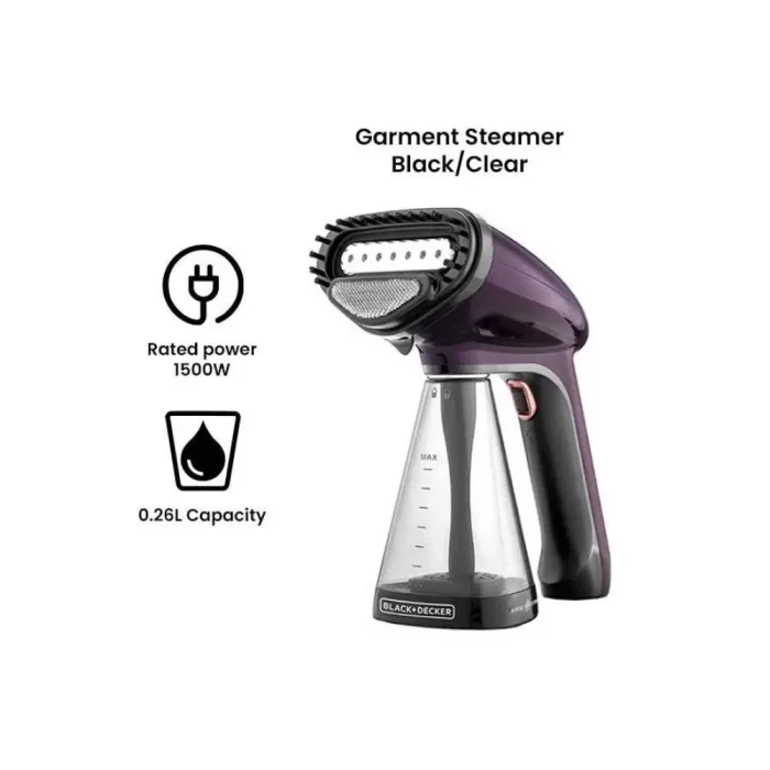 BLACK+DECKER Portable Garment Steamer, Universal Bottle Adapter, Fine Mist Spray, Ergonomic Compact Design, Effective on All Fabrics, 0.26 L 1500 W HST1500-B5 Dark Purple - Image 3