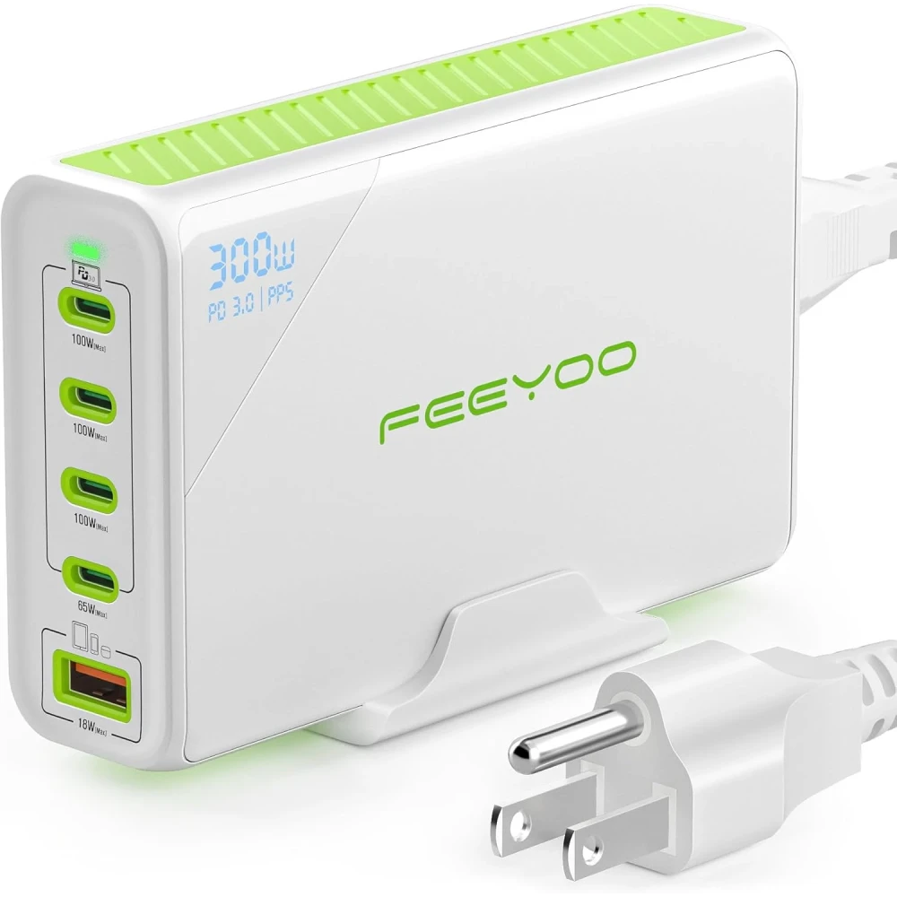 image 300W USB C Charger FEEYOO GAN Fast Charging Station 5 Ports Type C Power Adapter PD 100w Desktop Charger Compatible with MacBook Pro/Air,Dell XPS,iPad,iPhone,Galaxy etc - Image 1