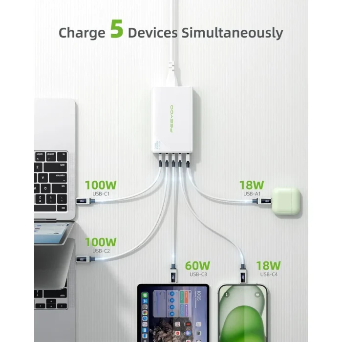 300W USB C Charger FEEYOO GAN Fast Charging Station 5 Ports Type C Power Adapter PD 100w Desktop Charger Compatible with MacBook Pro/Air,Dell XPS,iPad,iPhone,Galaxy etc - Image 3