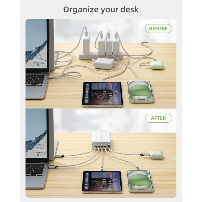 300W USB C Charger FEEYOO GAN Fast Charging Station 5 Ports Type C Power Adapter PD 100w Desktop Charger Compatible with MacBook Pro/Air,Dell XPS,iPad,iPhone,Galaxy etc - Image 6