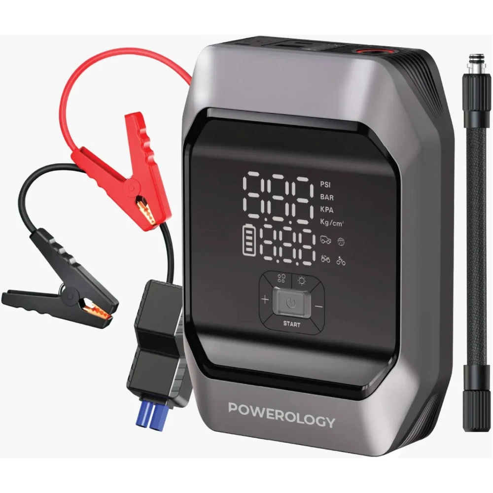 image Powerology 10000mAh Car Jump Starter & Air Compressor, Ultra-Fast 160PSI Inflation, 5 Modes, USB-C/USB-A Charging, Smart Digital Display, Power Bank & LED Flashlight, 500 1000A | PWKF03MBK - Image 1