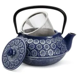 Japanese Cast Iron Teapot with Infuser for Loose Leaf and Tea Bags, Kettle Includes Handle and Removable Lid Blue, 34oz