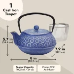 Japanese Cast Iron Teapot with Infuser for Loose Leaf and Tea Bags, Kettle Includes Handle and Removable Lid Blue, 34oz - Image 4