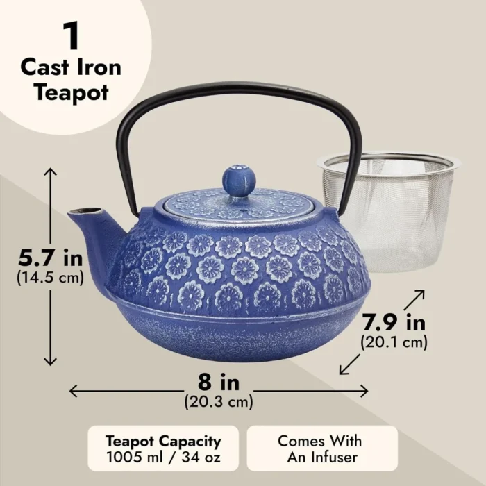 Japanese Cast Iron Teapot with Infuser for Loose Leaf and Tea Bags, Kettle Includes Handle and Removable Lid Blue, 34oz - Image 4
